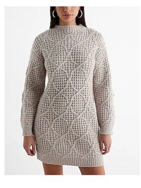NWT/ Express Rhinestone Embellished Mock Neck Mini Sweater Dress:Sandy Beige